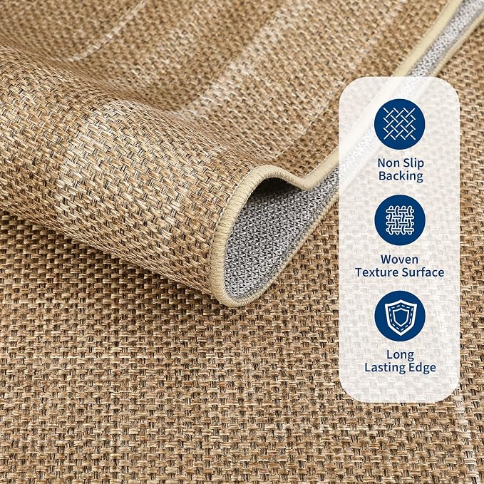 GarveeHome 9x12 Large Area Rug for Living Room Easy Jute Modern Rugs | Non Slip Low Pile Neutral Bordered Solid Tan Dining Room Rugs Washable Carpet for Bedroom Home Office Decor, Jute