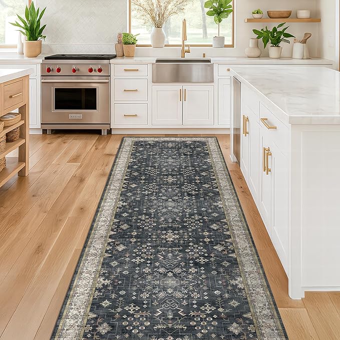 Dark Washable Long Runners for Hallways, 2'6"x8' Wide Kitchen Runner Rug, Entryway Indoor Rug, Non Slip Rubber Backing Boho Vintage Floor Decor, Ashen/Multi