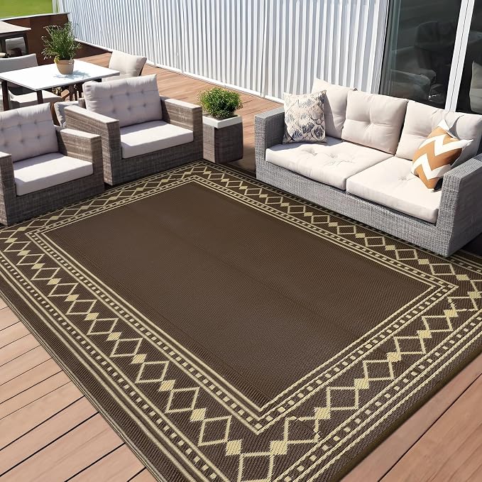 Large Outdoor Rug – Waterproof Reversible Plastic Straw Mat, Lightweight Patio Carpet, Modern Edgeed – 10x14ft, Peony Brown/Coffee – Specification