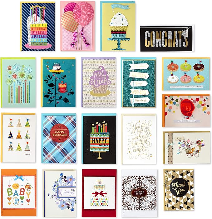 Hallmark Handmade All Occasion Boxed Greeting Card Assortment, Pink Floral (Pack of 20) & Handmade Birthday Cards Assortment, Happy Cake Day (12 Cards with Envelopes)