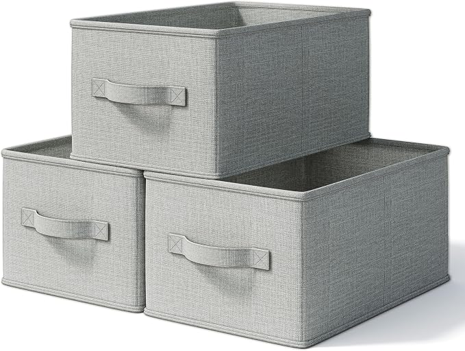 LayerSpace 3 Pack Fabric Storage Bins for Shelves | 14.75x10.25x8.25 in Storage Baskets | Fabric Closet Organizers with Handles Home Organization | Linen Clothes Storage Bins | Light Gray | Thickened Rigid PP Panels, Cotton-linen Shelf Baskets, Measure...