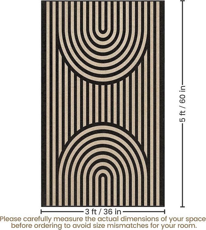 Washable Rainbow Easy Jute Rug 3x5, Black Outdoor Indoor Patio Modern Geometric Neutral Small Rugs, Woven Non Slip Thin Carpet Mat for Living Bedroom Entryway Front Door Farmhouse Doorway Kids