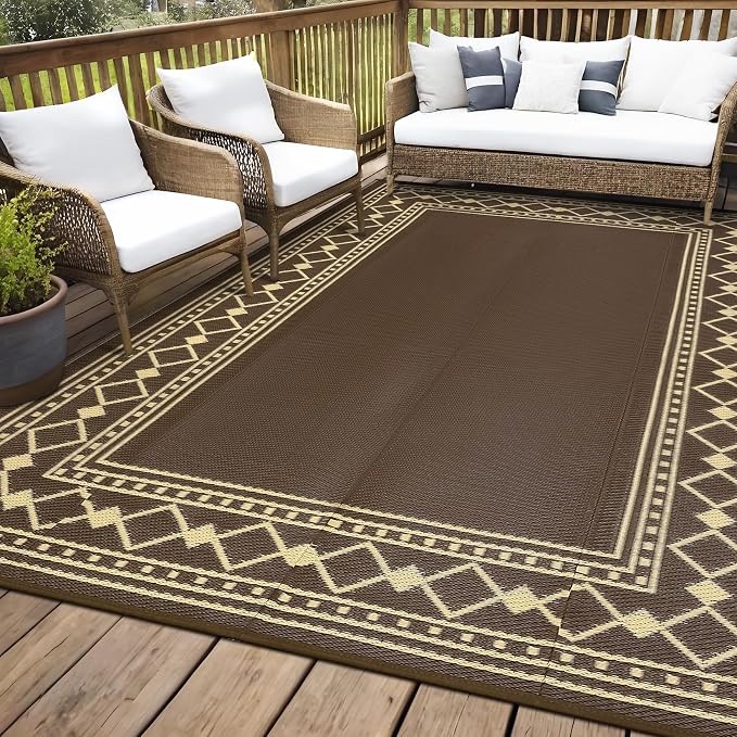 Waterproof Outdoor Rug – 9x12ft Reversible Plastic Straw Patio Carpet, Easy Clean, Non-Slip, Durable – Peony Brown/Coffee – Specification