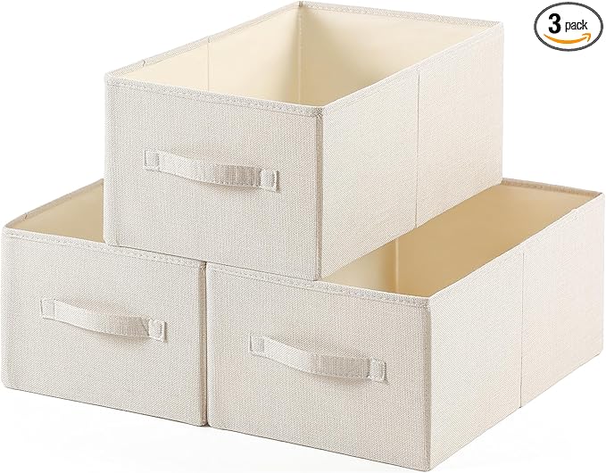 linen closet organizers and storage, Large Storage Baskets, washable, clothes organizer with handle, sweater organizer for closet (Beige, 15¾"x11¾ x9¾)