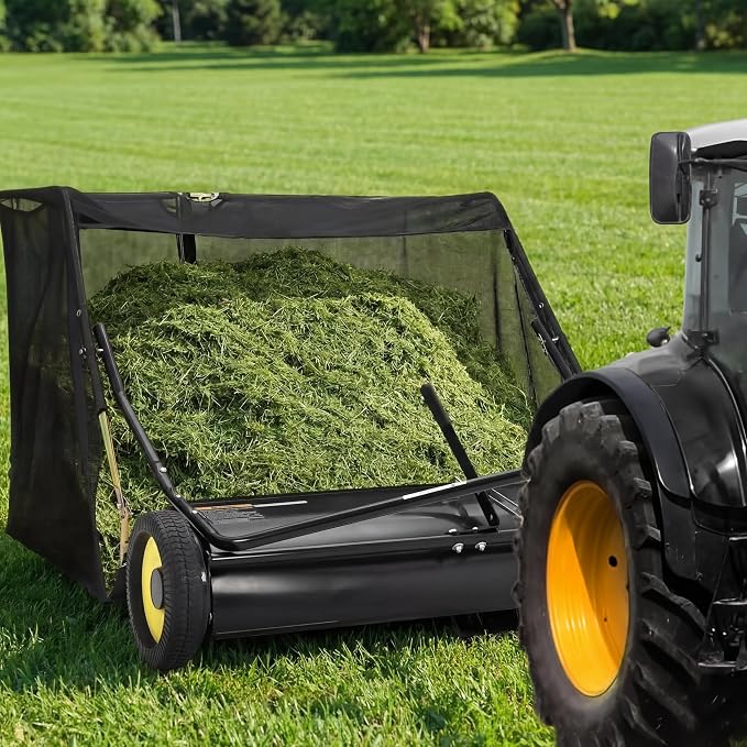 52-Inch Pull Behind Lawn Sweeper, Tow Behind Leaf & Grass Sweeper with Adjustable Brush Height, Large 26 Cu.ft. Hopper Bag, Folding Yard Sweeper for Lawn Tractor, Leaves, Grass Clippings & Debris
