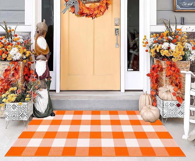 Orange and White Layered Doormat 27.5''x 43.3''Fall Outdoor Rug Cotton Woven Washable Farmhouse Door Mats Outdoor for Halloween Mat,Entryway,Bedroom,Patio