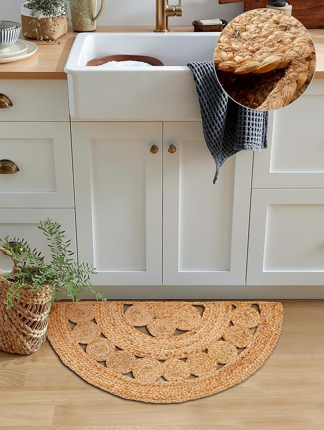 Boho Braided 1.5x3 Area Rug - Jute Natural Fiber Half Round Rug for Living Room Entryway, Farmhouse, Home, Indoor Rugs Jute Door mat for Bathroom, Kitchen (1.5 X 3 ft)