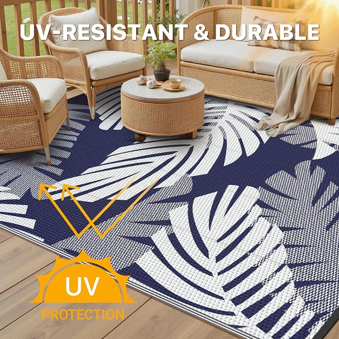 GENIMO Outdoor Rug, Waterproof Plastic Rugs for Patio, 9'x12' Blue White | Outside Larger Leaf Carpet Mat for Porch Decor, Deck, Balcony, Camping, RV, Backyard, Picnic, Beach, Reversible, Foldable
