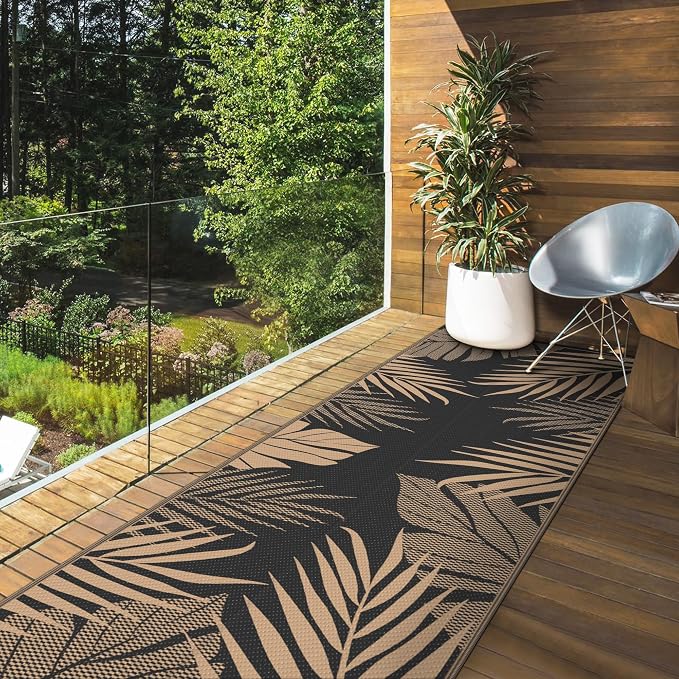 GENIMO Outdoor Rug, Waterproof Plastic Runner Rugs, 2.5'x8' Black Brown | Outside Leaf Carpet Mat for Patio Decor, Porch, Deck, Balcony, Camping, RV, Picnic, Beach, Reversible, Foldable, Lightweight