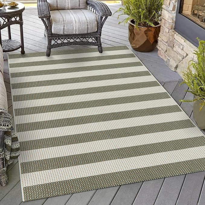 OJIA Striped Outdoor Area Rug 4'x6' Washable Patio Rugs Front Porch Rug | Cotton Woven Outdoor Rug Decor Living Room Rug Farmhouse Indoor Outdoor Rugs Large Floor Carpet for Backyard/Bedroom/Entryway