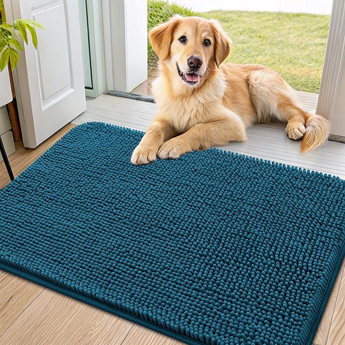 Smiry Dog Door Mat for Muddy Paws 34x21, Absorbent Dirt Trapper, Non-Slip Washable Chenille Entryway Rug for Inside Floor, Atlantic Blue, Classic Solid