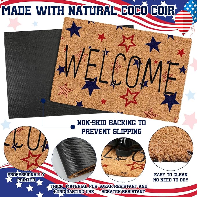 Ceenna 4th of July Patriotic Coir Door Mat Outdoor Red White Blue 250th Anniversary Star Welcome Rug Patriotic Doormat Non-Slip Entrance Rugs for Independence Day Memorial Day Home Decor 16 x 28 Inch