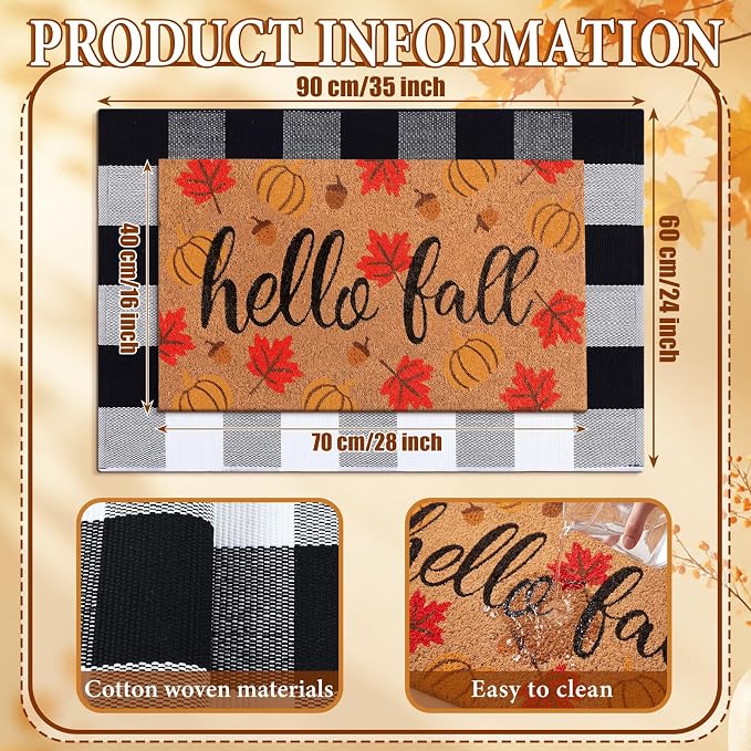 Moucuny 2 Pcs Fall Coir Doormat Outdoor Hello Fall Welcome Mat Layered Black and White Buffalo Plaid Rug for Autumn Front Porch Entryway Entrance Decor, 24'' x 35'', 16'' x 28''