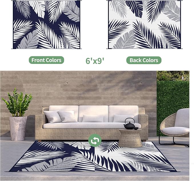 GENIMO Outdoor Rug, Waterproof Plastic Rugs for Patio, 6'x9' Blue White | Outside Larger Leaf Carpet Mat for Porch Decor, Deck, Balcony, Camping, RV, Backyard, Picnic, Beach, Reversible, Foldable
