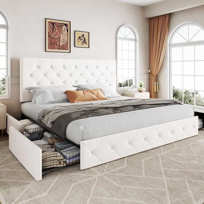 Allewie Upholstered King Size Platform Bed Frame with 4 Storage Drawers and Adjustable Headboard, Diamond Button Tufted, Wooden Slats Support, Noise-Free, No Box Spring Needed, Easy Assembly, White