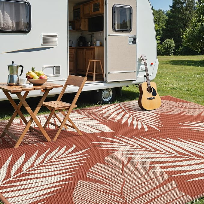 GENIMO Outdoor Rug, Waterproof Plastic Rugs 10'x14' for Camping Brick Red | Outside Larger Leaf Carpet Mat for Porch Decor, Deck, Camping, RV, Backyard, Balcony, Picnic, Beach, Reversible, Foldable