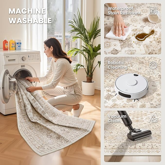 zesthome 3x5 Rug Ultra Soft Washable Rug, Non Slip Area Rug Indoor Entrance, Stain Resistant Rugs for Living Room Bedroom, Vintage Home Decor Area Rugs (Cream/Beige,3'x5')