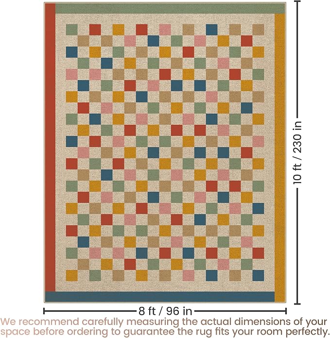 Washable Checkered Easy Jute Rug, 8x10 Colorful Rainbow Checkerboard Boho Outdoor Indoor Patio Large Rugs, Low Pile Lightweight Non Slip Carpet Mat for Living Dining Room Bedroom Classroom Backyard