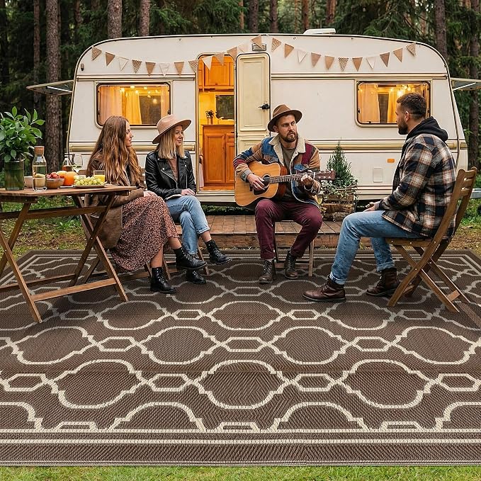 Garvee 9 x 12 Outdoor Rug Waterproof for Patio, Foldable Reversible Plastic Straw Area Rug, Large Mats for Camping, RV, Balcony, Deck, Picnic, Beach, Brown & Beige
