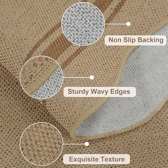 Easy Jute 3x5 Outdoor Rug Washable Non Slip Rug for Entryway Indoor Outdoor Farmhouse Neutral Scalloped Carpet for Backyard Patio Proch Living Room