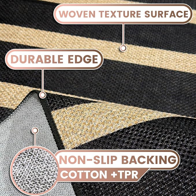 Washable Striped Easy Jute Runner Rug, 2x8 Black Boho Geometric Outdoor Indoor Patio Rug, Low Pile Lightweight Non Slip Neutral Long Runner Carpet Mat for Hallway Kitchen 8ft Entryway Porch Farmhouse
