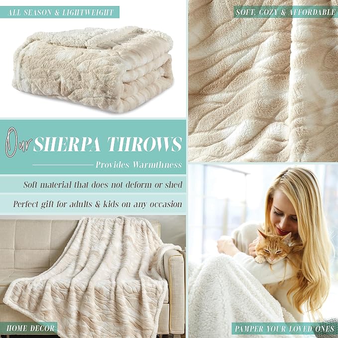 Elegant Comfort Throw Blanket, Reversible Sherpa Flannel, Ultra-Soft, Fuzzy, Cozy and Plush- All Season Lightweight Decorative Throw, 50 x 60 inches, Alaska Sherpa Throw, Beige