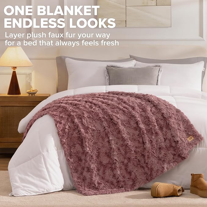 UGG Adalee Throw Blanket, Faux Fur Blanket, 50" x 70", Red Gooseberry | Sculpted Faux Fur, Lightweight, Cozy Warm & Ultra Plush, Hypoallergenic, Bedroom & Living Room Décor, Machine Washable