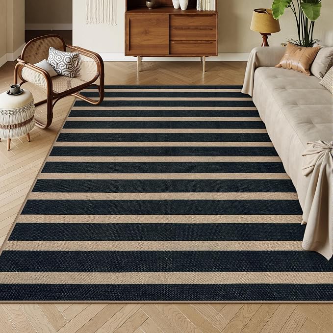 Lahome Striped Easy Jute 6x9 Area Rugs, Outdoor Patio Rug Washable Black | Porch Living Room Rug, Modern Farmhouse Neutral Non Slip Stain Resistance Indoor Carpet for Office Deck Classroom Dining Room