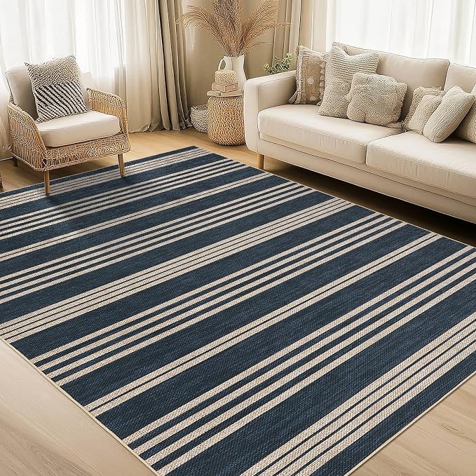 COZYLOOM Washable Living Room Rugs 8x10 Striped Easy Jute Rug with Non Slip Backing, Modern Stain Resistant Farmhouse Rugs for Patio Non Shedding Mats for Dining Room, Bedroom, RV, Navy Blue