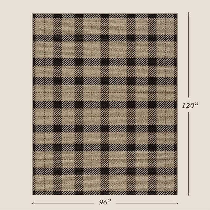 JTJ 8x10 Washable Outdoor Rug for Patio - Low Pile Easy Jute Plaid Area Rug for Porch, Deck, Backyard, Non-Slip Foldable Farmhouse Buffalo Check Carpet, Black & Beige