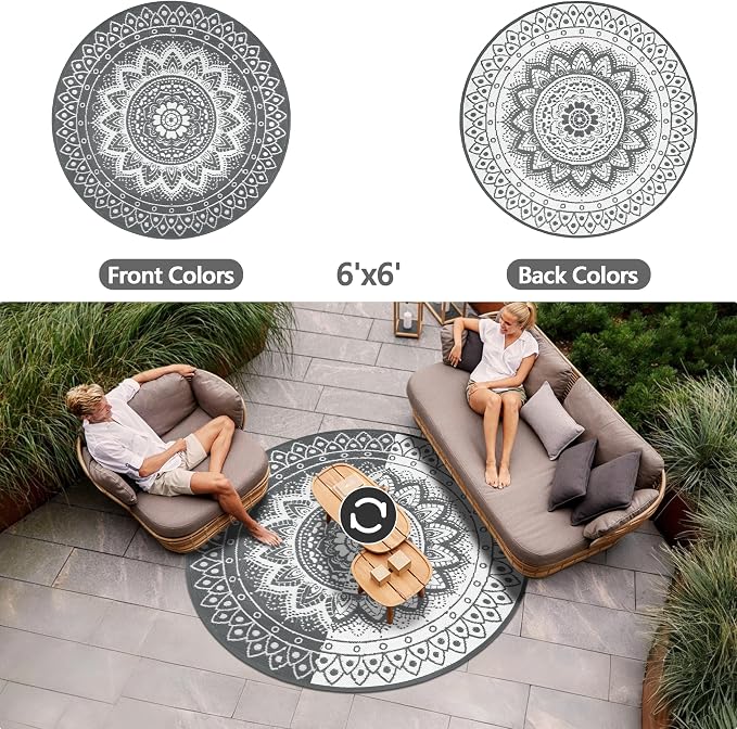 Round Outdoor Rugs for Patios, 6Ft Waterproof Reversible Plastic Straw Mat with Carry Bags, Boho Lightweight Outdoor Carpet Portable Round Floor Mat for Patio Camping Picnic Backyard RV,Grey & White