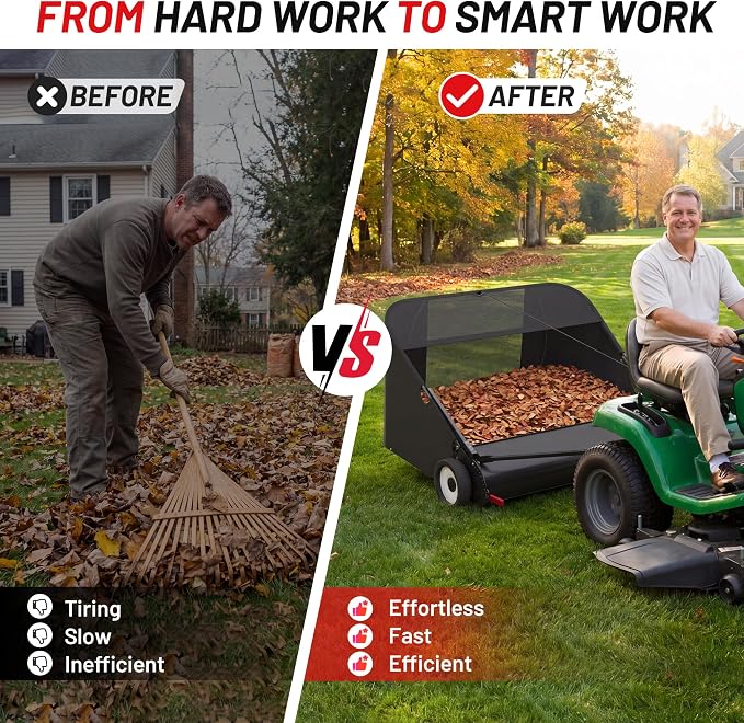 Suchtale 52 Inch Tow Behind Lawn Sweeper with 26 Cu Ft Hopper | 52 Inch Sweeping Path, 26 Cu Ft Hopper, Adjustable Brush Height, Dumping Rope, Steel Frame, Lawn Tractor Attachment