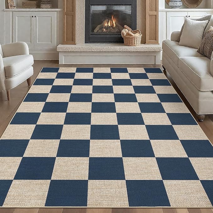 GarveeHome Easy Jute 8x10 Area Rugs for Living Room Checkered Rugs Machine Washable Non-Slip Backing Indoor Outdoor Carpets for Farmhouse Dining Room Nursery Patio Navy Blue