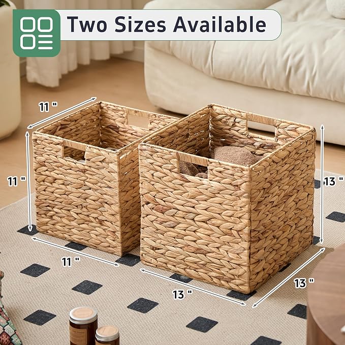 13x13x13 Wicker Storage Basket Set of 4, Water Hyacinth Woven Basket with Handles, Wicker Cube Storage Bins for Shelves, Foldable Square Storage Cubes for Living Room Bedroom Organizing, Natural