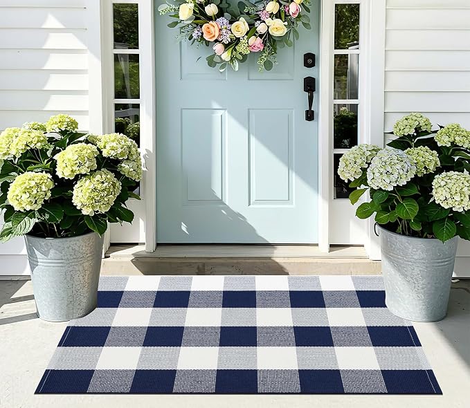 Blue and White Front Door Mat 24''X35'' Buffalo Plaid Checked Front Porch Rug Cotton Woven Washable Rug Layering Doormat for Welcome Door Mat Entryway Dining Room Bedroom Living Room