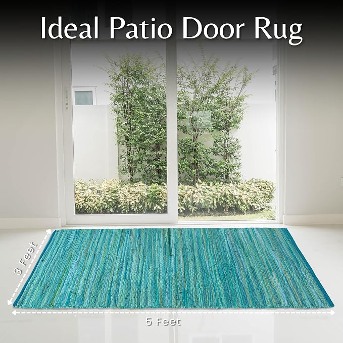 Ramanta Home 100% Cotton Hand Woven Tonal Chindi Rag Rug 3'x5' - Teal, Recycled Reversible Rugs, Boho Rustic Farmhouse Rugs for Living Room, Dinning Room, Kitchen Floor Mats - 36"x60"
