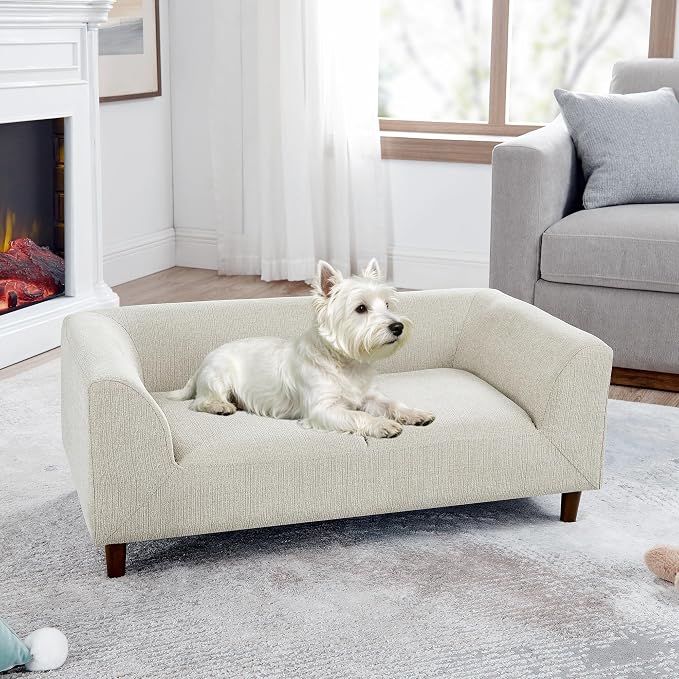 39.75 “x 22.5 “ Elevated Pet Sofa for Small Medium Dogs | Elevated Base | Breathable Linen Fabric | Armrest & Backrest | Plush Thick Cushion|Easy to Clean | Beige