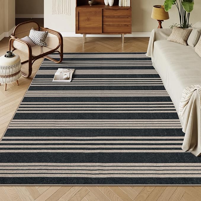Lahome Striped Easy Jute Living Room Rug, 8x10 Outdoor Patio Rugs Washable | Black Indoor Dining Room Area Rug, Modern Farmhouse Geometric Non Slip Non Shedding Carpet for Deck Office Backyard Mudroom