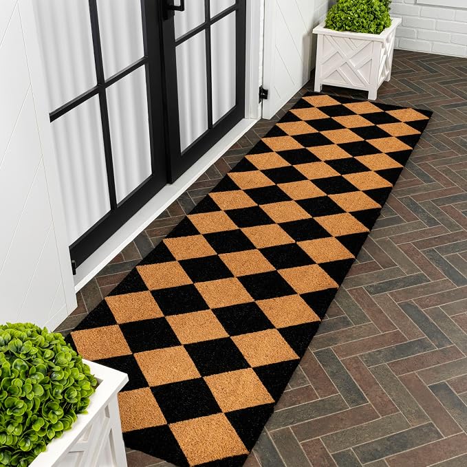 JONATHAN Y Natural Coir Indoor/Outdoor Runner Rug 2X8 Natural/Black Geo, Peater Classic Casual Commerical Doormat Ideal for Door Entrance, Patio, Porch, Backyard, Garages NRF111A-28