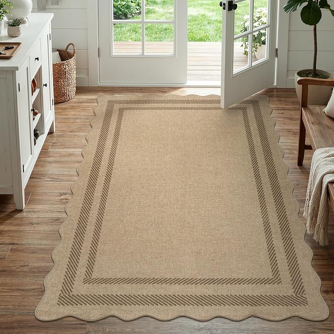 LIVEBOX Scalloped Easy Jute 4x6 Outdoor Rug, Washable Non Slip Geometric Area Rugs for Living Room Bedroom, Indoor Outdoor Farmhouse Rug Modern Carpet Door Mat Tan Rugs for Patio Dining Room Entryway