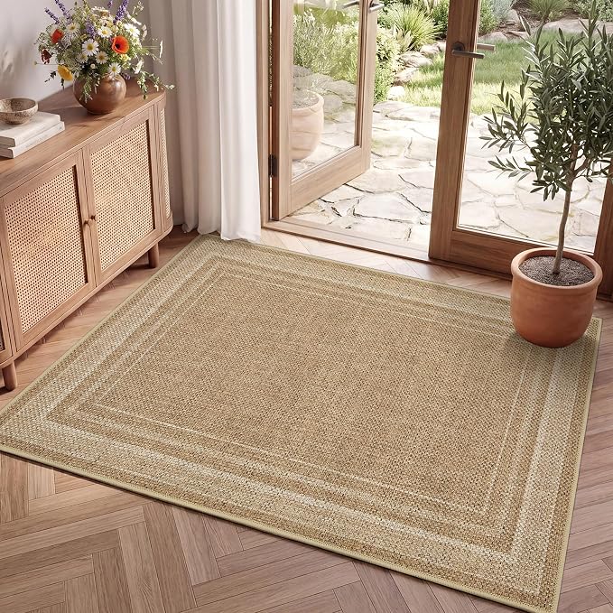 GarveeHome 2x3 Small Easy Jute Rug Washable Modern Solid Bedroom Rugs | Indoor Non Slip Living Room Throw Carpet Stain Resistant Neutral Door Mat for Entryway Nursery Kitchen Dorm Kids Room, Jute