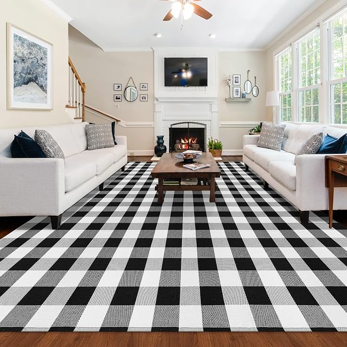 Buffalo Plaid Rug 8x10 Feet Cotton Woven Black and White Check Washable Indoor Outdoor Carpet for Living Room Farmhouse Bedroom Patio
