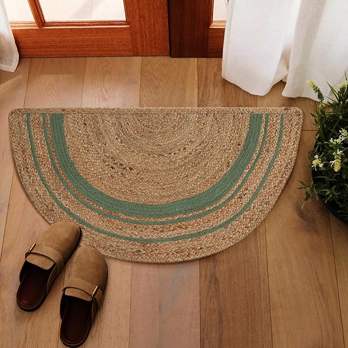 Boho Braided 1.5x3 Area Rug - Jute Natural Fiber Half Round Rug for Living Room Entryway, Farmhouse, Home, Indoor Rugs Jute Door mat for Bathroom, Kitchen (Green Natural, 1.5 X 3 ft)