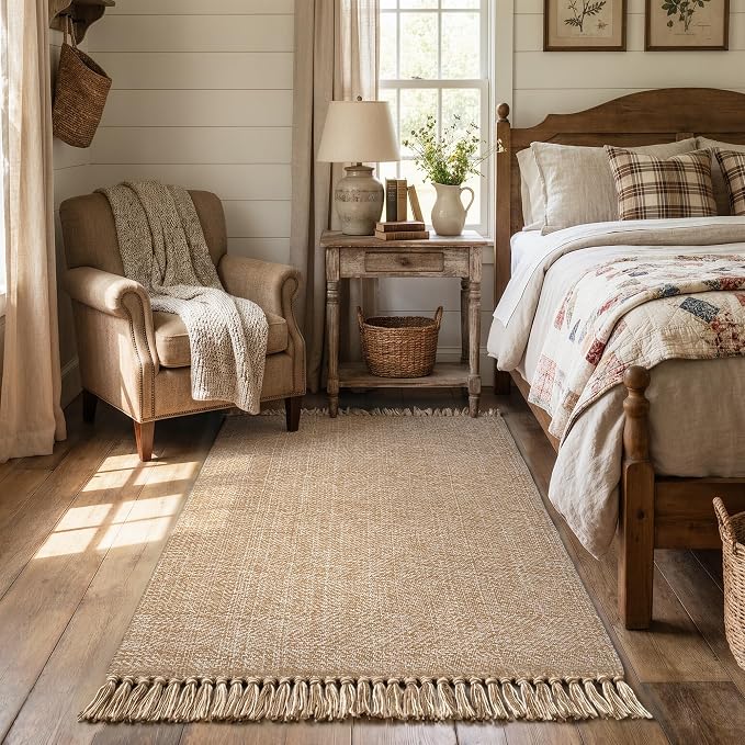 Collive 3' x 5' Indoor Outdoor Porch Rug, Modern Farmhouse Entryway Rug Boho Front Door Mat, Tan Hand-Woven Washable Kitchen Rugs for Patio Bedside Nursery Decor
