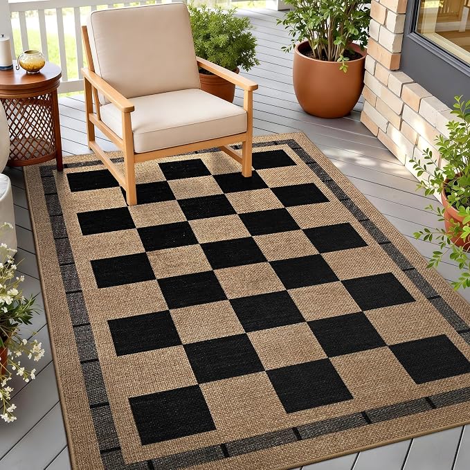 3x5 Outdoor Rug, Jute Checkered Rugs, Patio, Entryway, Balcony Porch Carpet | Indoor Plaid Carpets, Washable Bedroom Kitchen Rugs, Non Slip Farmhouse Neutral Laundry Office Floor Mat, Black and Brown