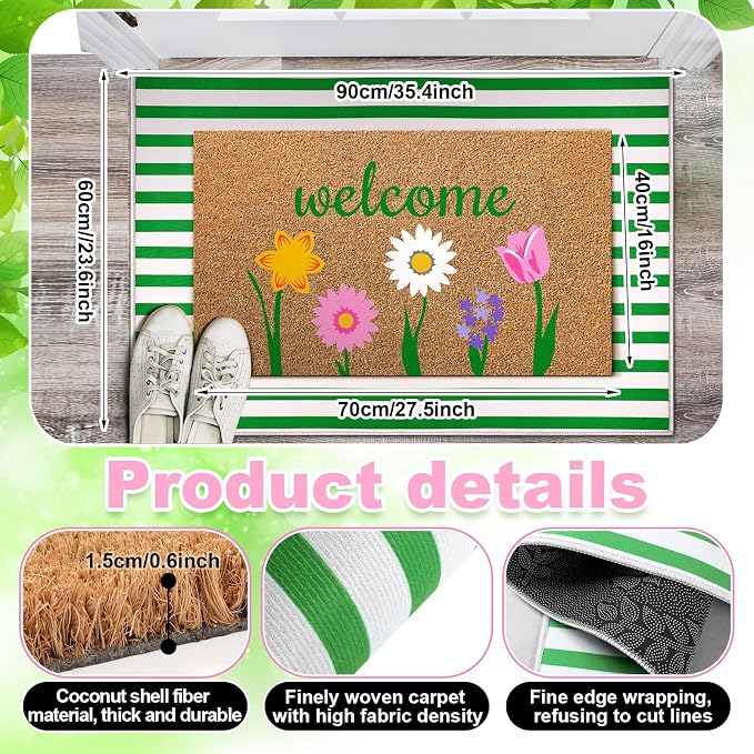 Moucuny 2 Pcs Spring Coir Doormat Outdoor Flower Welcome Outdoor Rug Front Porch Mats Layered Green and White Stripe Rugs for Spring Front Porch Entryway Decor