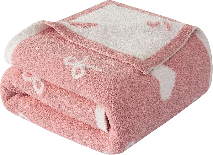 Elegant Comfort Valentine's Day Knit Throw Blanket, Hearts and Bows Super Soft Cozy Fluffy Warm Throw Blankets for Couch, Sofa, Chair, Bed, Camping, Picnic, Travel Lightweight Bed Blanket (50" x 70")