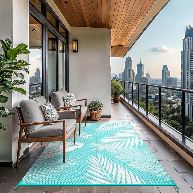 GENIMO Outdoor Rug, Waterproof Plastic Rugs for Patio, 5'x8' Navy White | Outside Larger Leaf Carpet Mat for Porch Decor, Deck, Balcony, Camping, RV, Backyard, Picnic, Beach, Reversible, Foldable