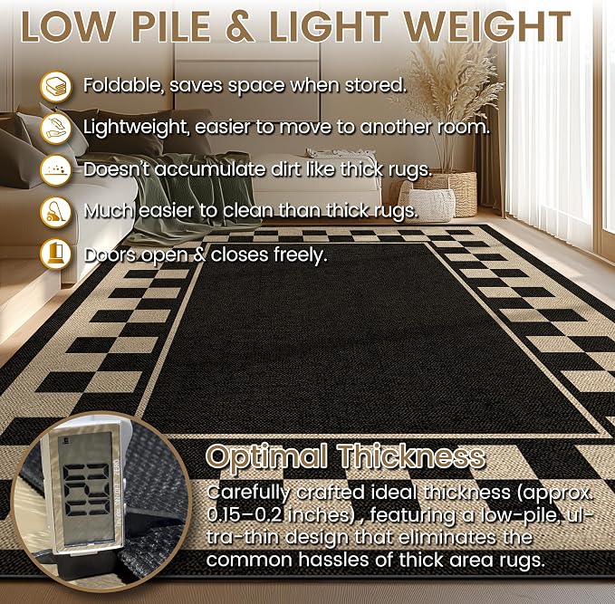 Washable Checkered Easy Jute Rug 3x5, Black Checkerboard Geometric Outdoor Indoor Patio Small Bordered Rugs, Woven Non Slip Thin Neutral Carpet Mat for Bedroom Entryway Front Door Farmhouse