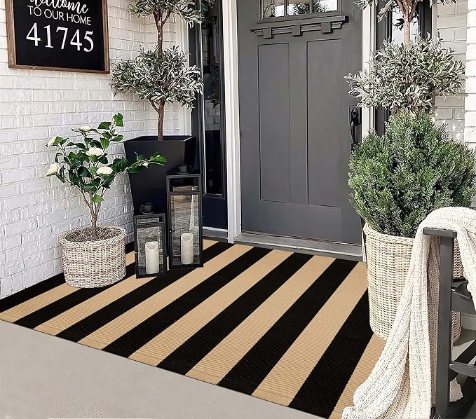 3'x5' Outdoor Rug, Black and Tan Washable Striped Porch Rug Cotton Woven Farmhouse Front Door Mats for Porch/Entryway/Home Entrance Decor/Bedroom/Laundry Room/Patio/Front Door